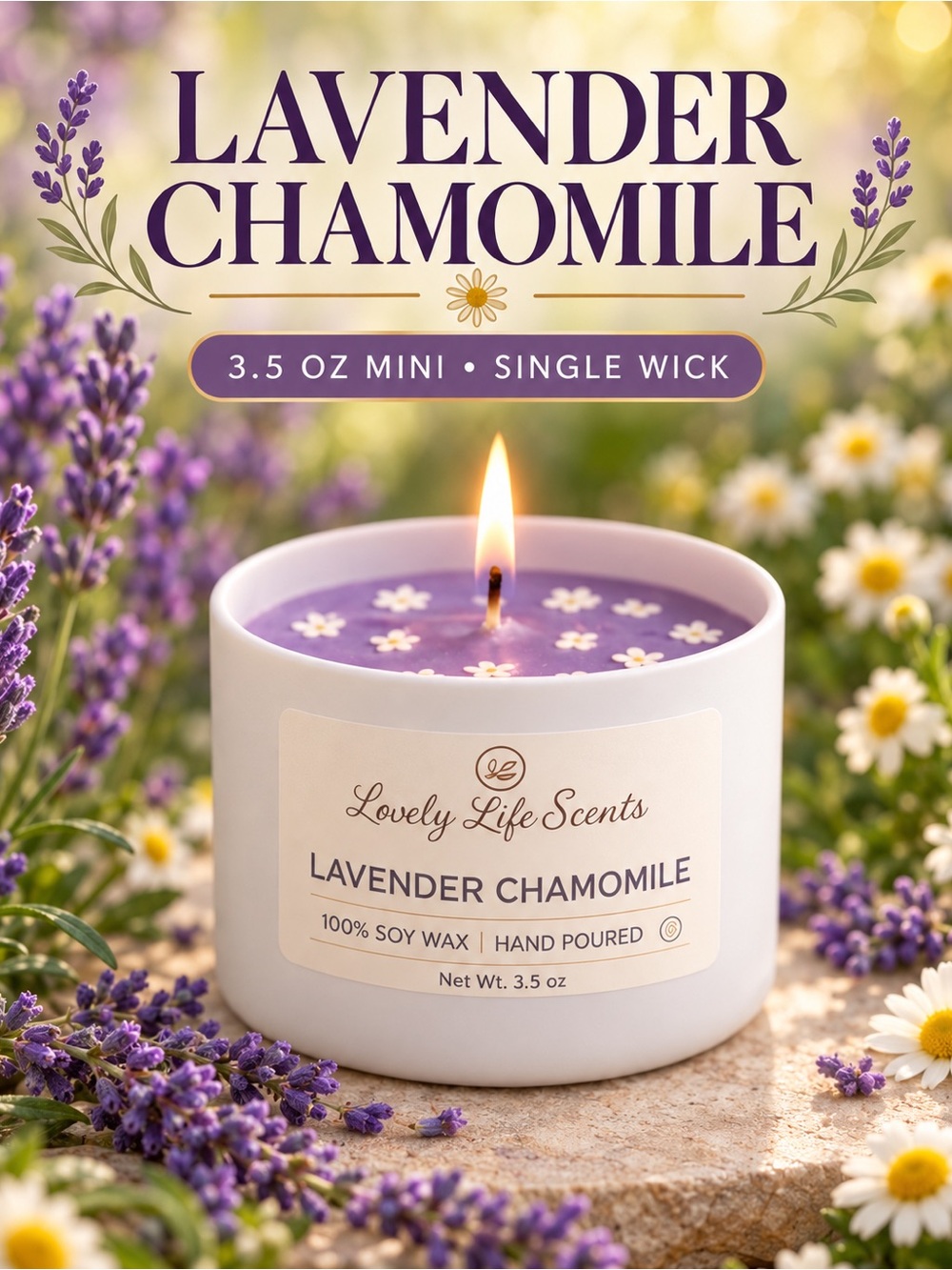 Lavender Chamomile Mini 3.5oz Premium Soy Candle Tin from Lovely Life Scents